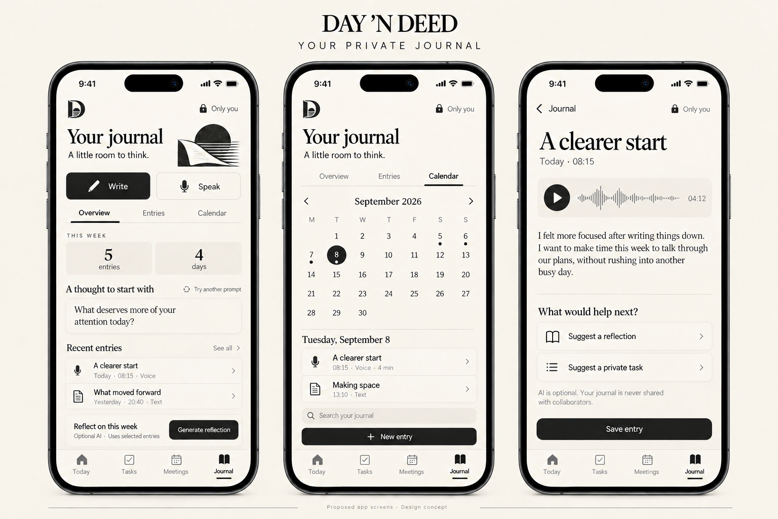 Proposed private journal dashboard, September calendar, and voice entry with optional reflection and task suggestions
