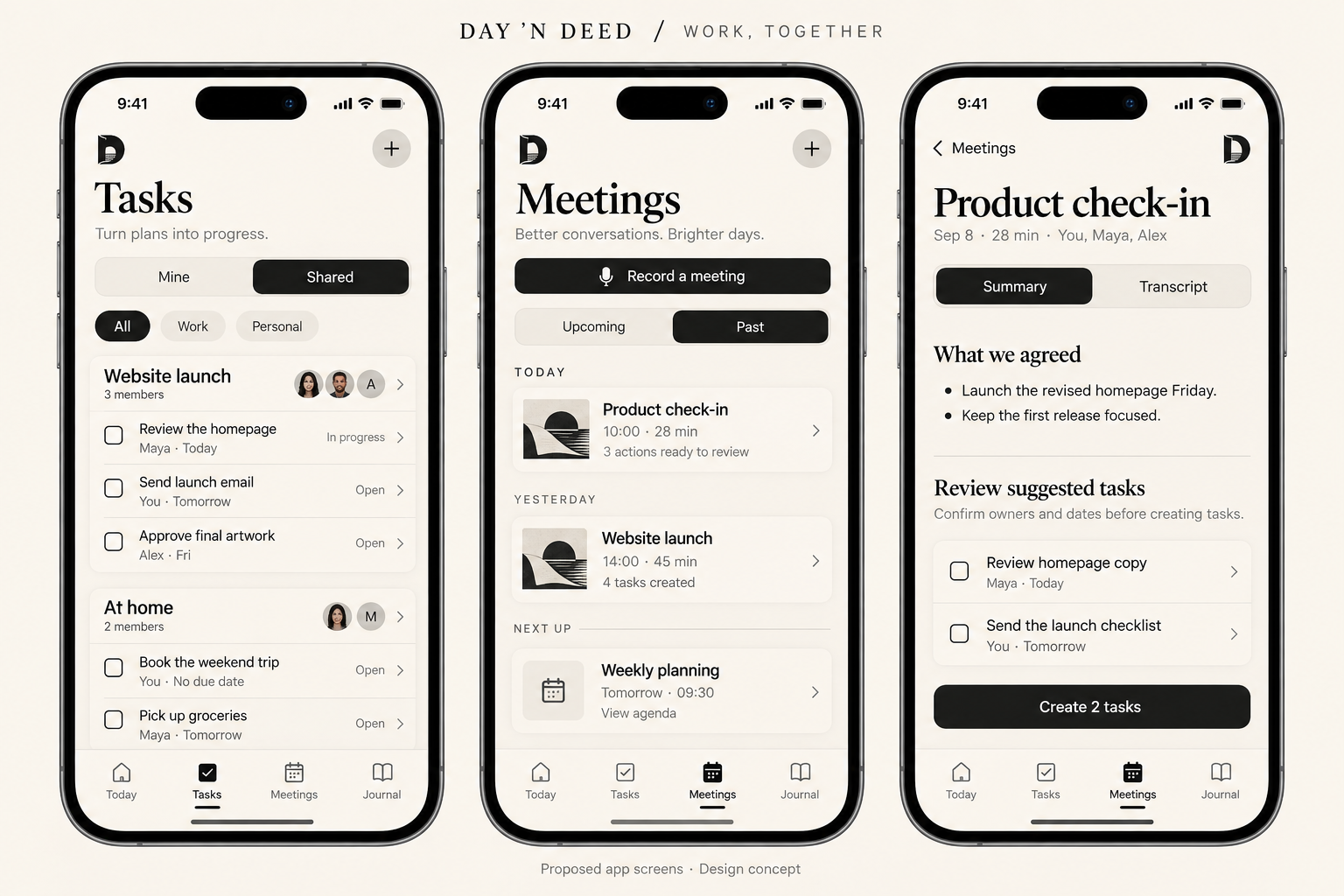 Proposed shared tasks, meeting history and meeting summary with actions ready for review