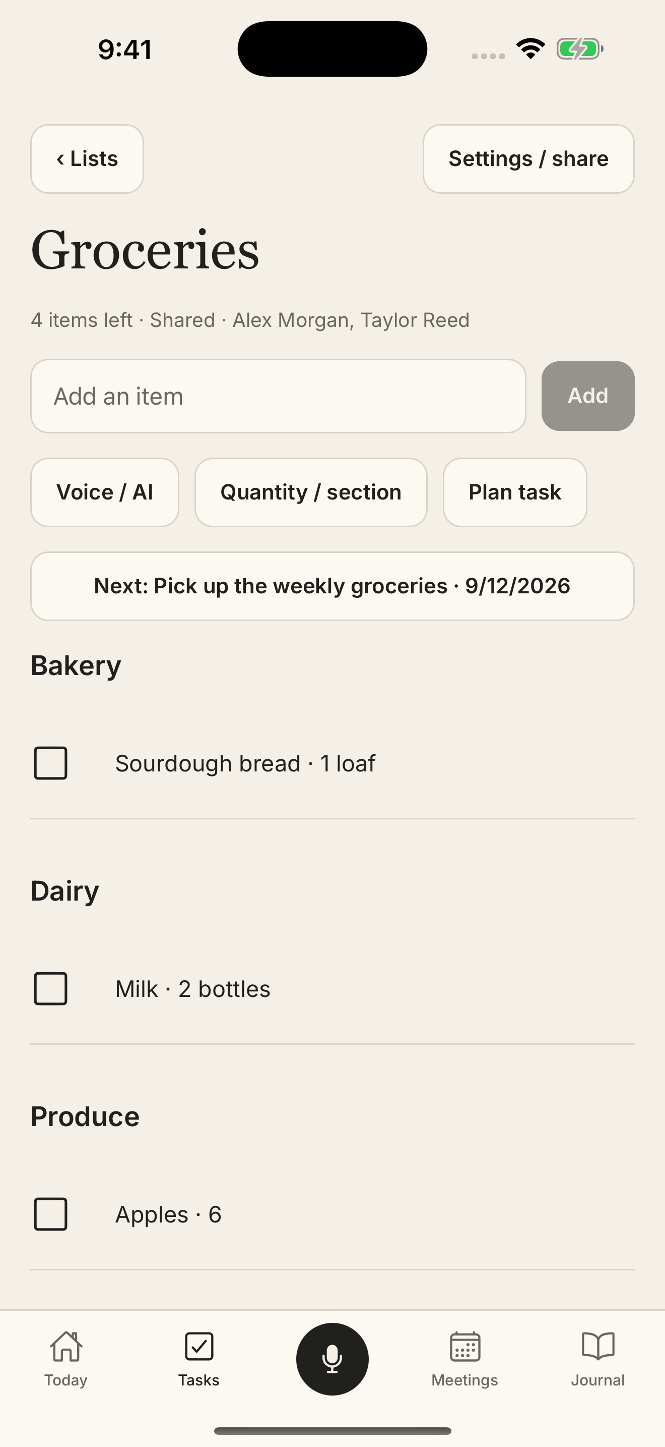 Shared grocery list with quantities, sections and completed items