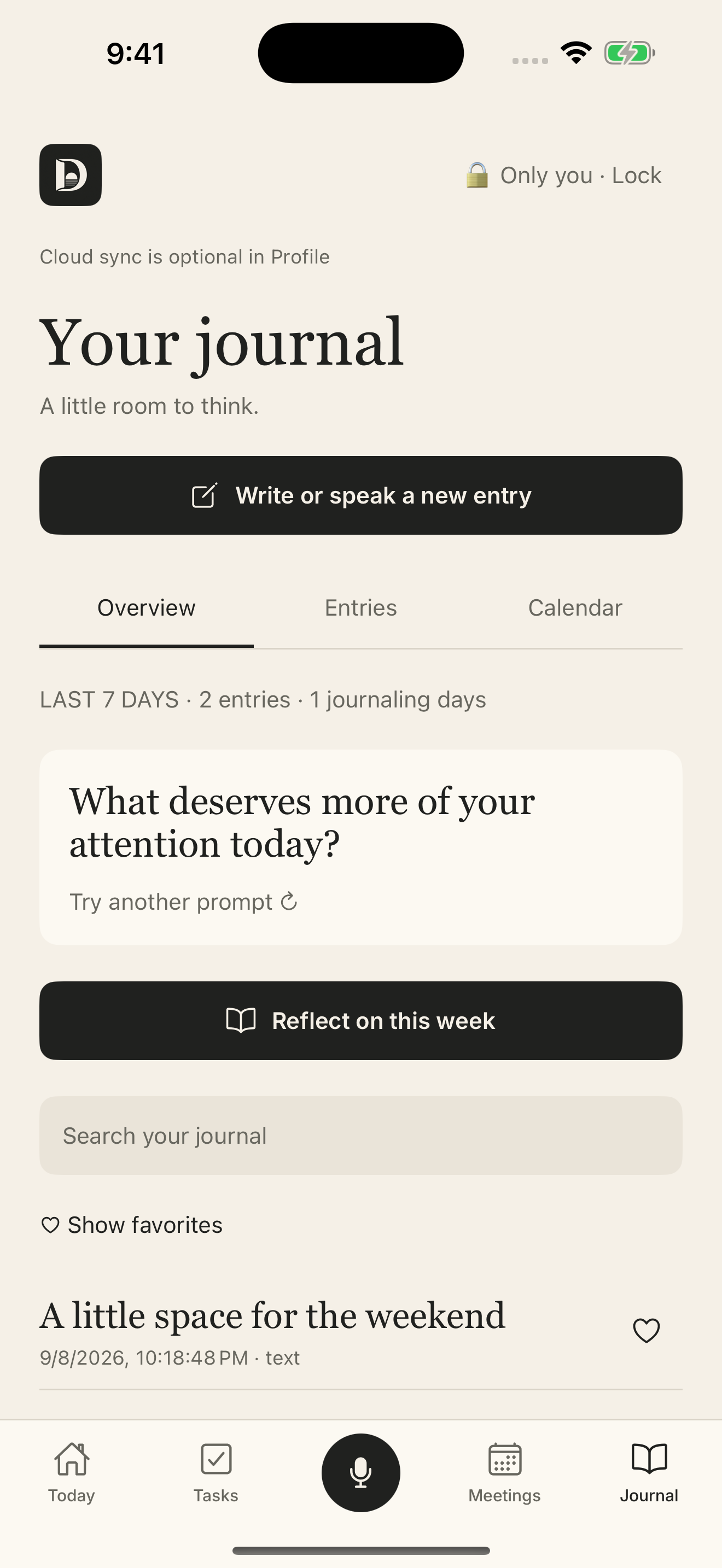 Private journal dashboard with a writing prompt and demonstration entries