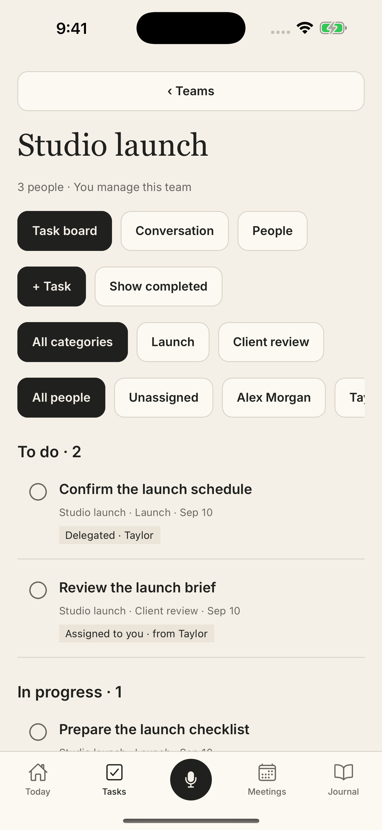 Team board showing task status and category filters